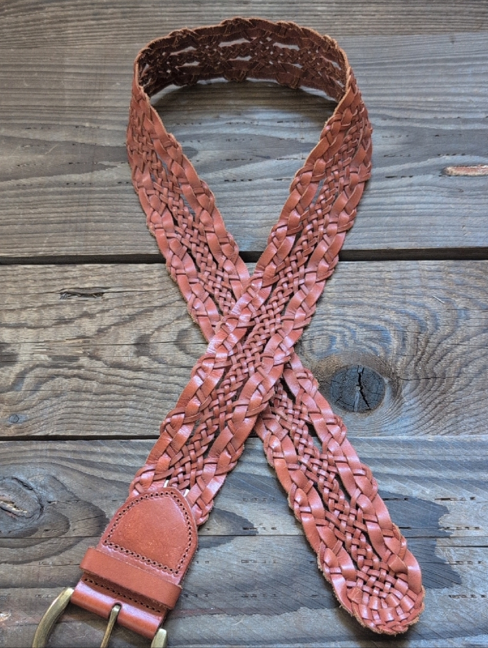 Banana Republic Braided Leather Belt in Rust Brown with Brass Buckle 42"